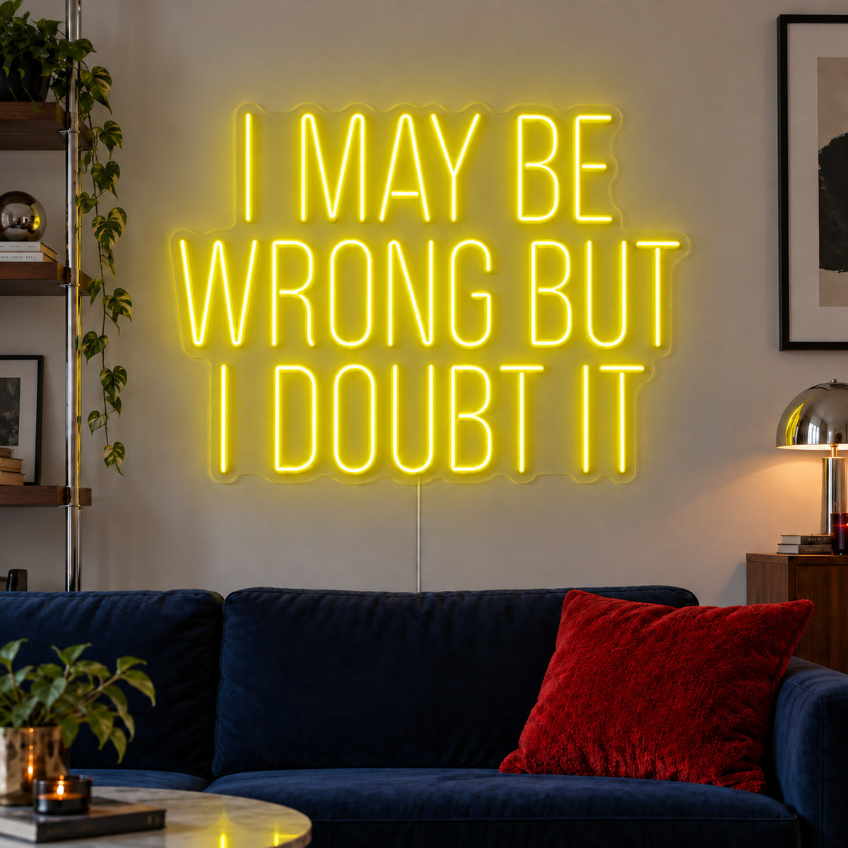 I May Be Wrong But I Doubt It Neon Sign with yellow lighting, displayed above a dark blue sofa.