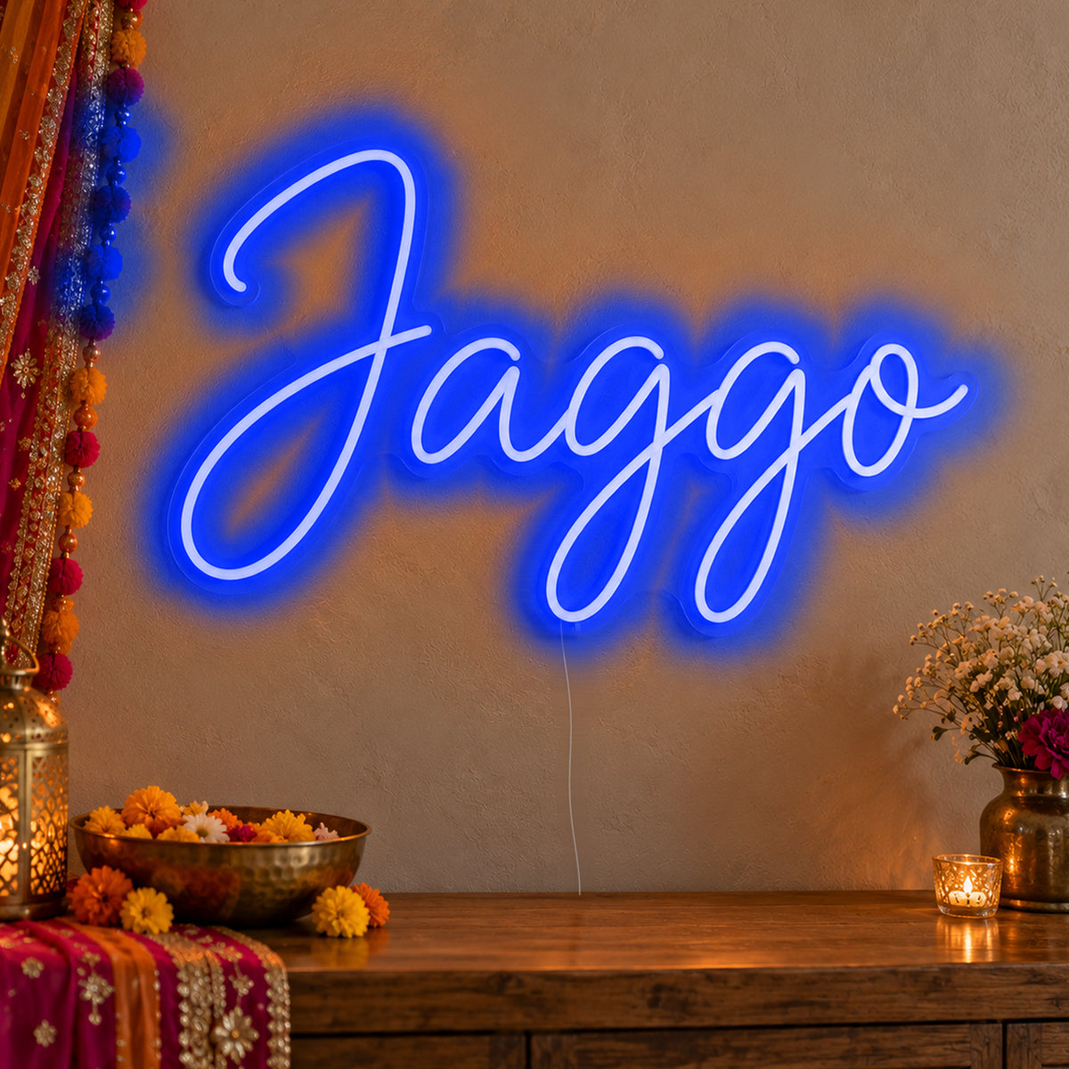 Jaggo Neon Sign in blue LED neon on clear acrylic, angled view