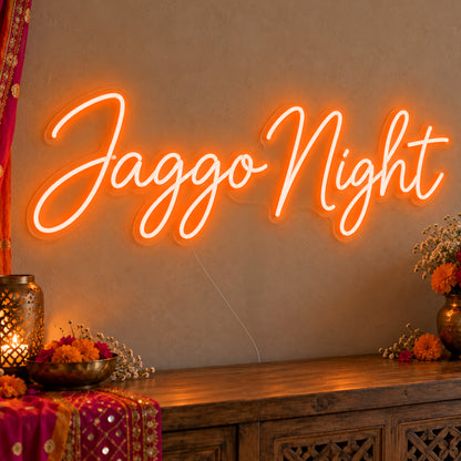 Jaggo Night Neon Sign in orange LED neon on clear acrylic, angled view