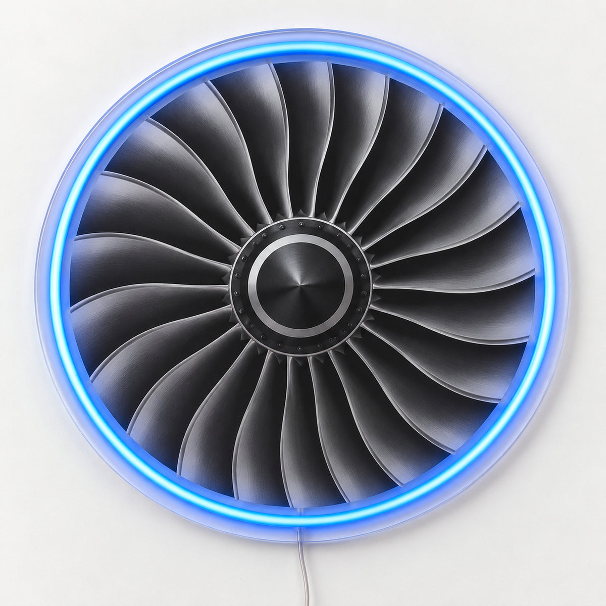 Jet Engine Neon Sign, featuring a front view of a jet engine, on a single clear acrylic backing displayed on a white surface.