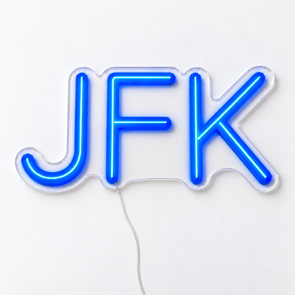 JFK Airport Code Neon Sign, featuring the JFK airport code in bold LED neon lettering, on a single clear acrylic backing displayed on a white surface.
