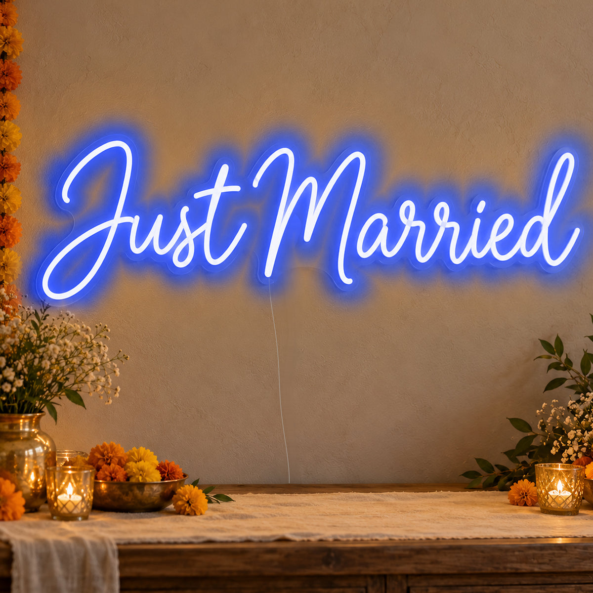 Just Married Neon Sign in blue LED neon on clear acrylic, angled view