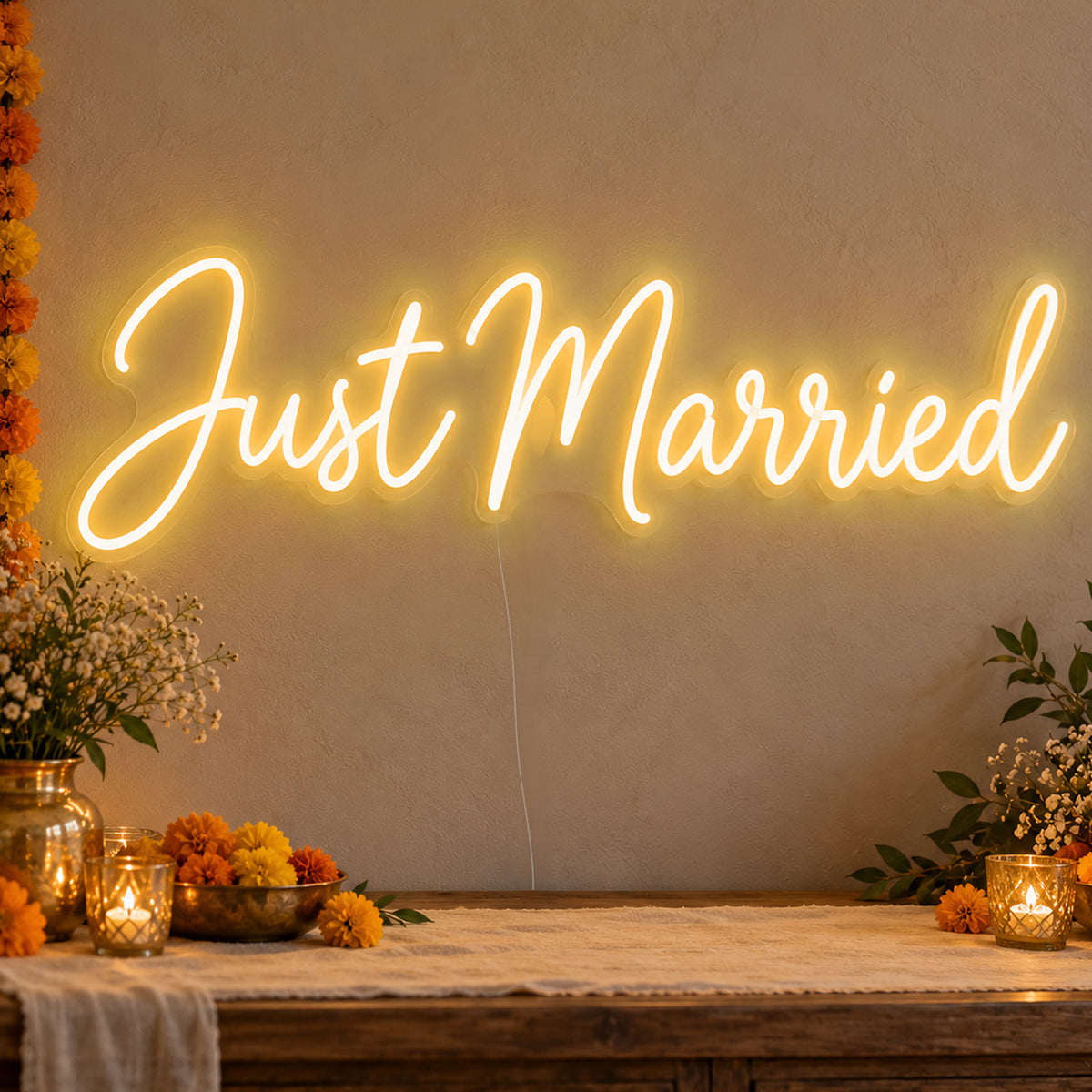 Just Married Neon Sign in gold LED neon on clear acrylic, angled view