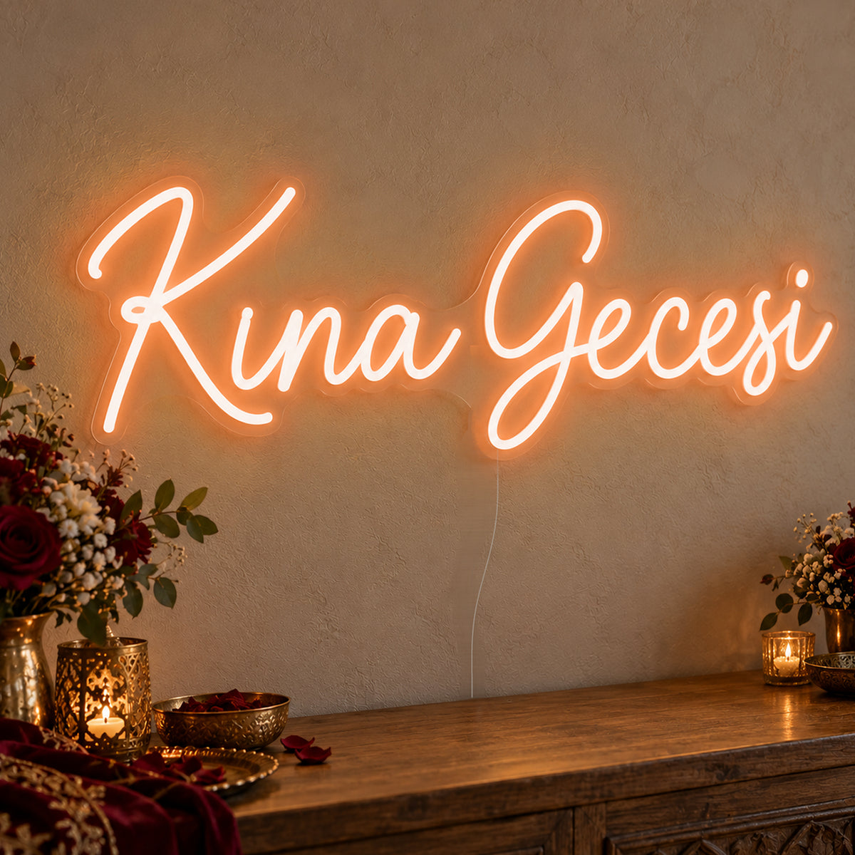 Kına Gecesi Neon Sign in orange LED neon on clear acrylic, angled view