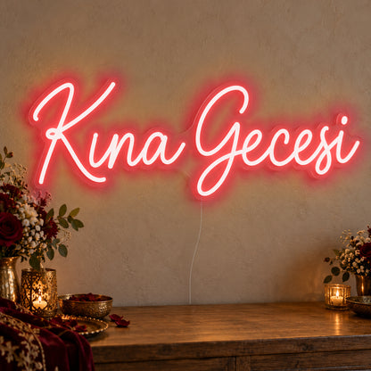 Kına Gecesi Neon Sign in red LED neon on clear acrylic, angled view