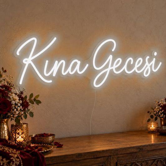 Kına Gecesi Neon Sign in white LED neon on clear acrylic, angled view