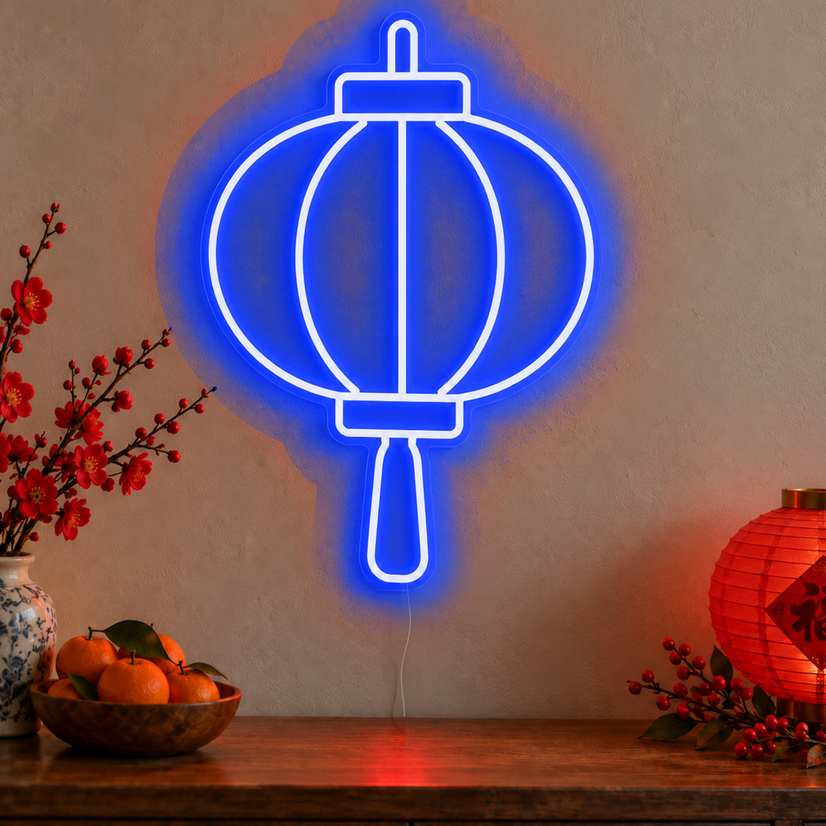 Lantern Neon Sign in blue LED neon on clear acrylic, angled view
