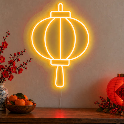Lantern Neon Sign in gold LED neon on clear acrylic, angled view