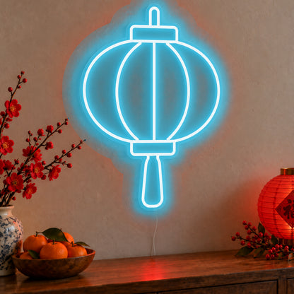 Lantern Neon Sign in ice blue LED neon on clear acrylic, angled view