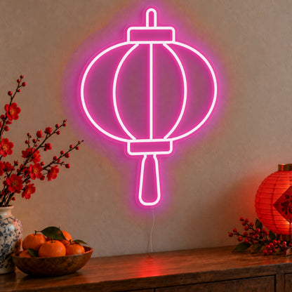 Lantern Neon Sign in pink LED neon on clear acrylic, angled view
