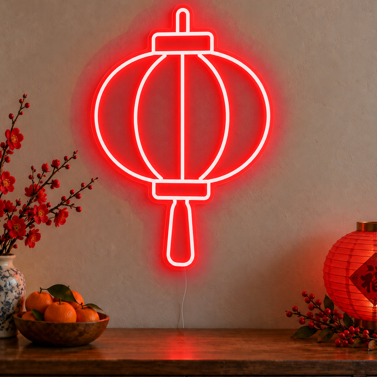Lantern Neon Sign in red LED neon on clear acrylic, angled view
