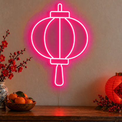 Lantern Neon Sign in rose red LED neon on clear acrylic, angled view