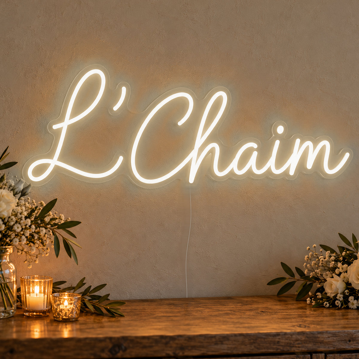 L’Chaim Neon Sign in warm white LED neon on clear acrylic, angled view