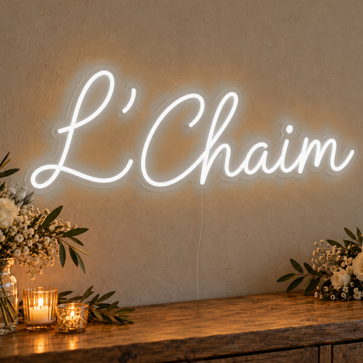 L’Chaim Neon Sign in white LED neon on clear acrylic, angled view