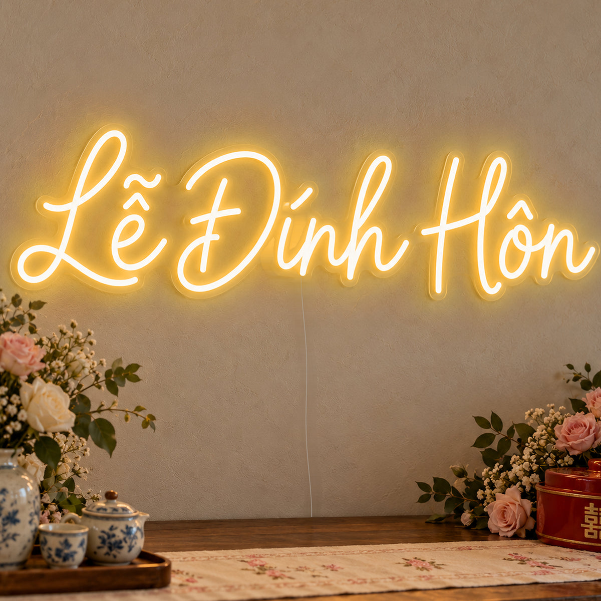 Lễ Đính Hôn Neon Sign in gold LED neon on clear acrylic, angled view