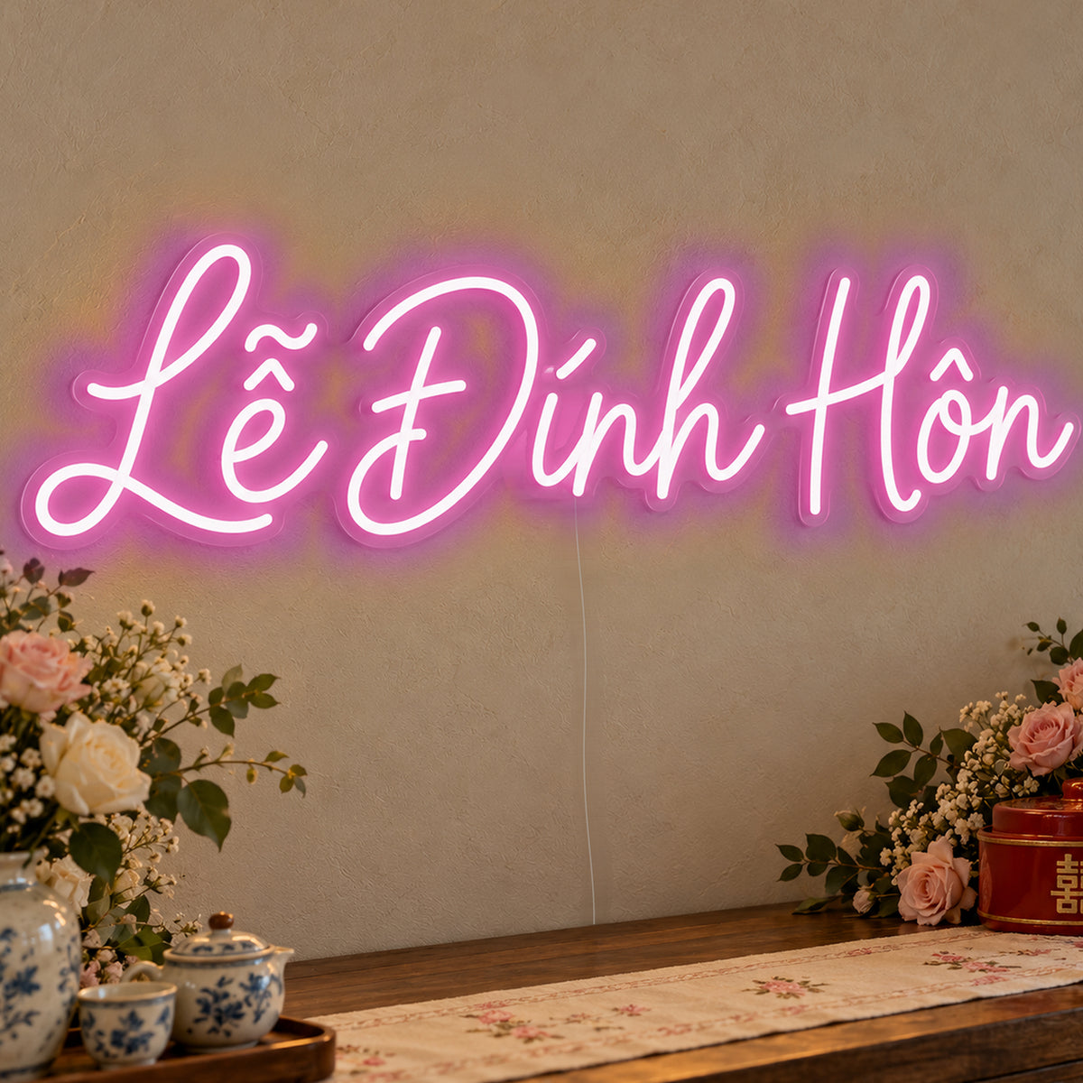 Lễ Đính Hôn Neon Sign in pink LED neon on clear acrylic, angled view