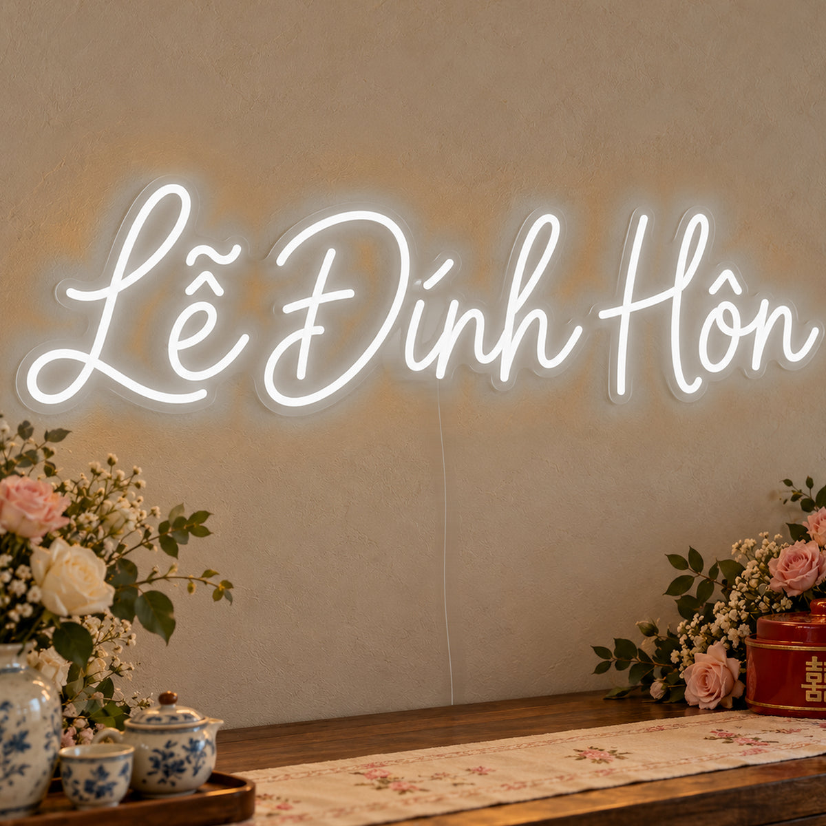 Lễ Đính Hôn Neon Sign in white LED neon on clear acrylic, angled view
