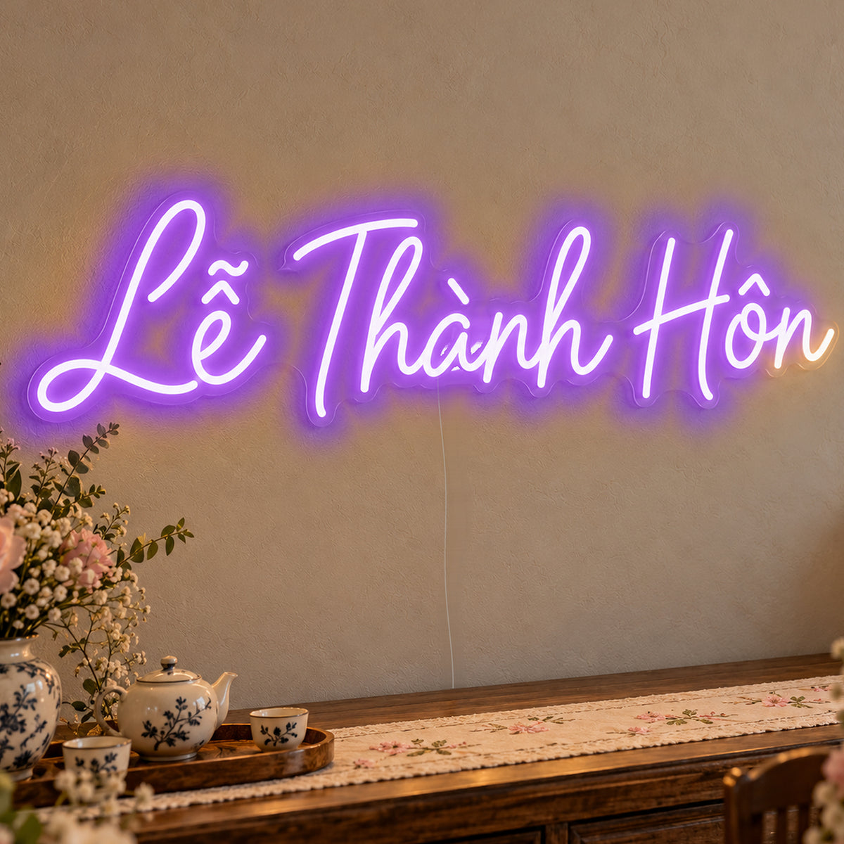 Lễ Thành Hôn Neon Sign in purple LED neon on clear acrylic, angled view