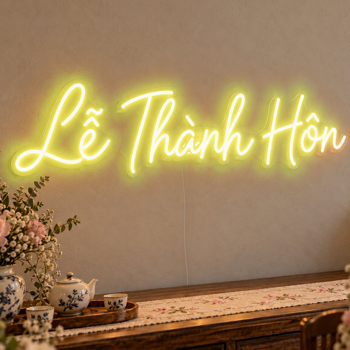 Lễ Thành Hôn Neon Sign in yellow LED neon on clear acrylic, angled view