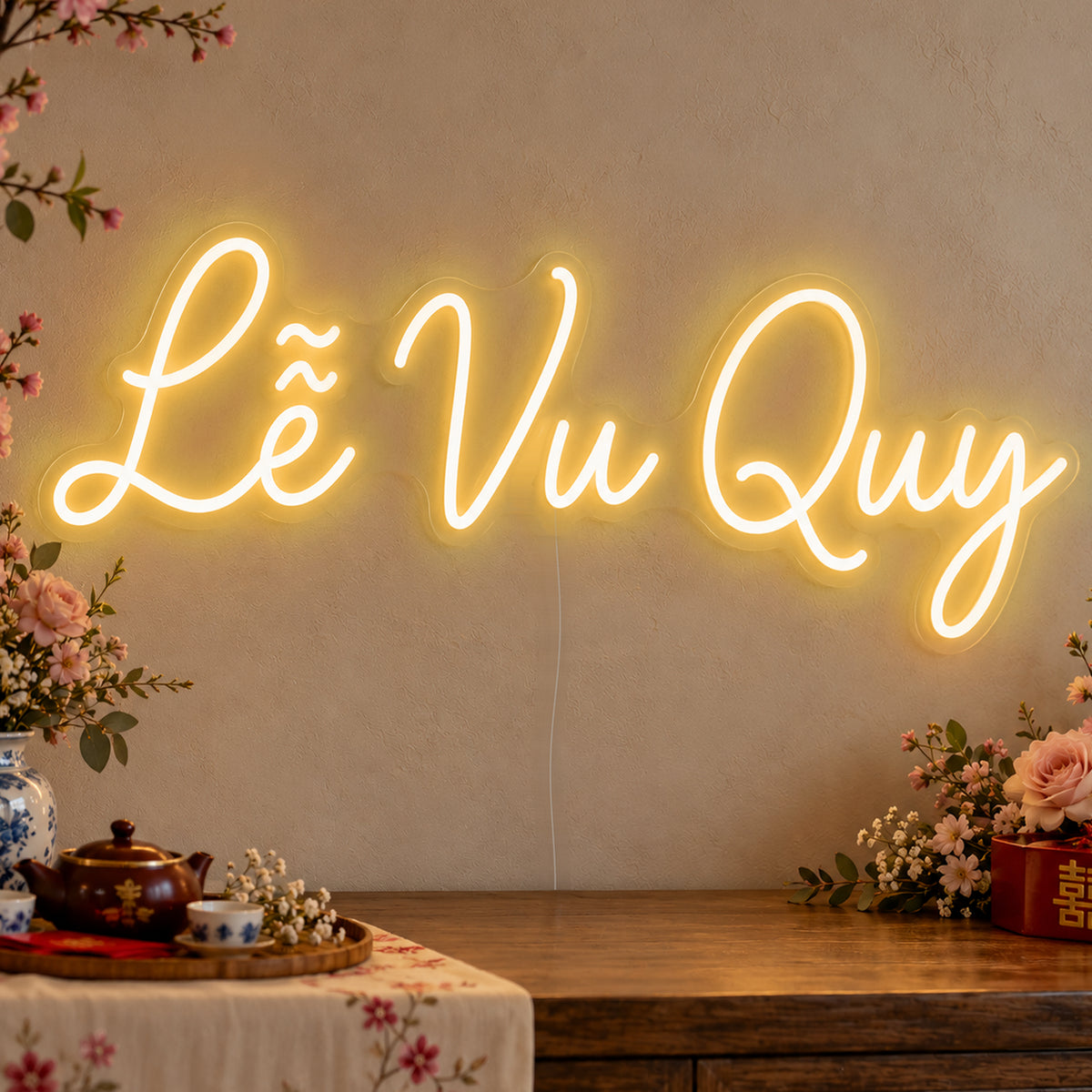 Lễ Vu Quy Neon Sign in gold LED neon on clear acrylic, angled view