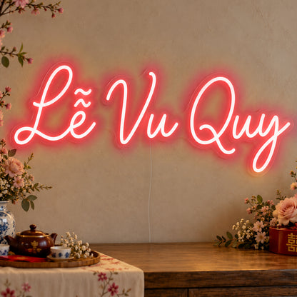 Lễ Vu Quy Neon Sign in red LED neon on clear acrylic, angled view