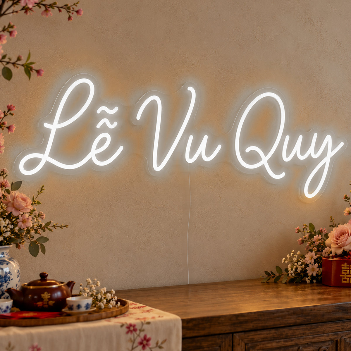 Lễ Vu Quy Neon Sign in white LED neon on clear acrylic, angled view