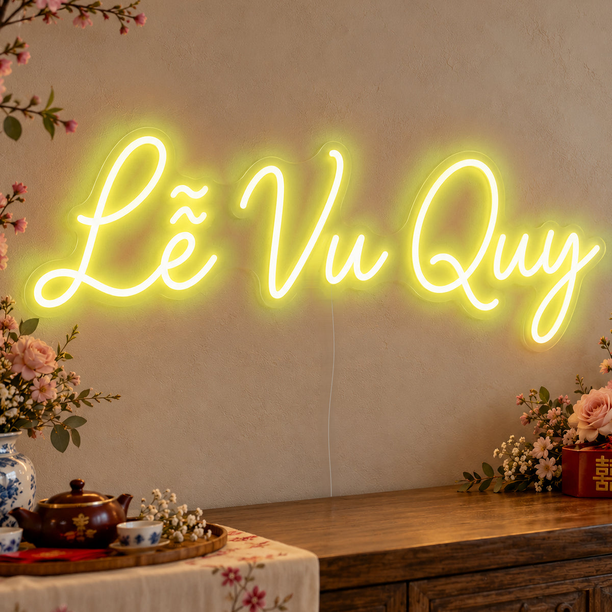 Lễ Vu Quy Neon Sign in yellow LED neon on clear acrylic, angled view