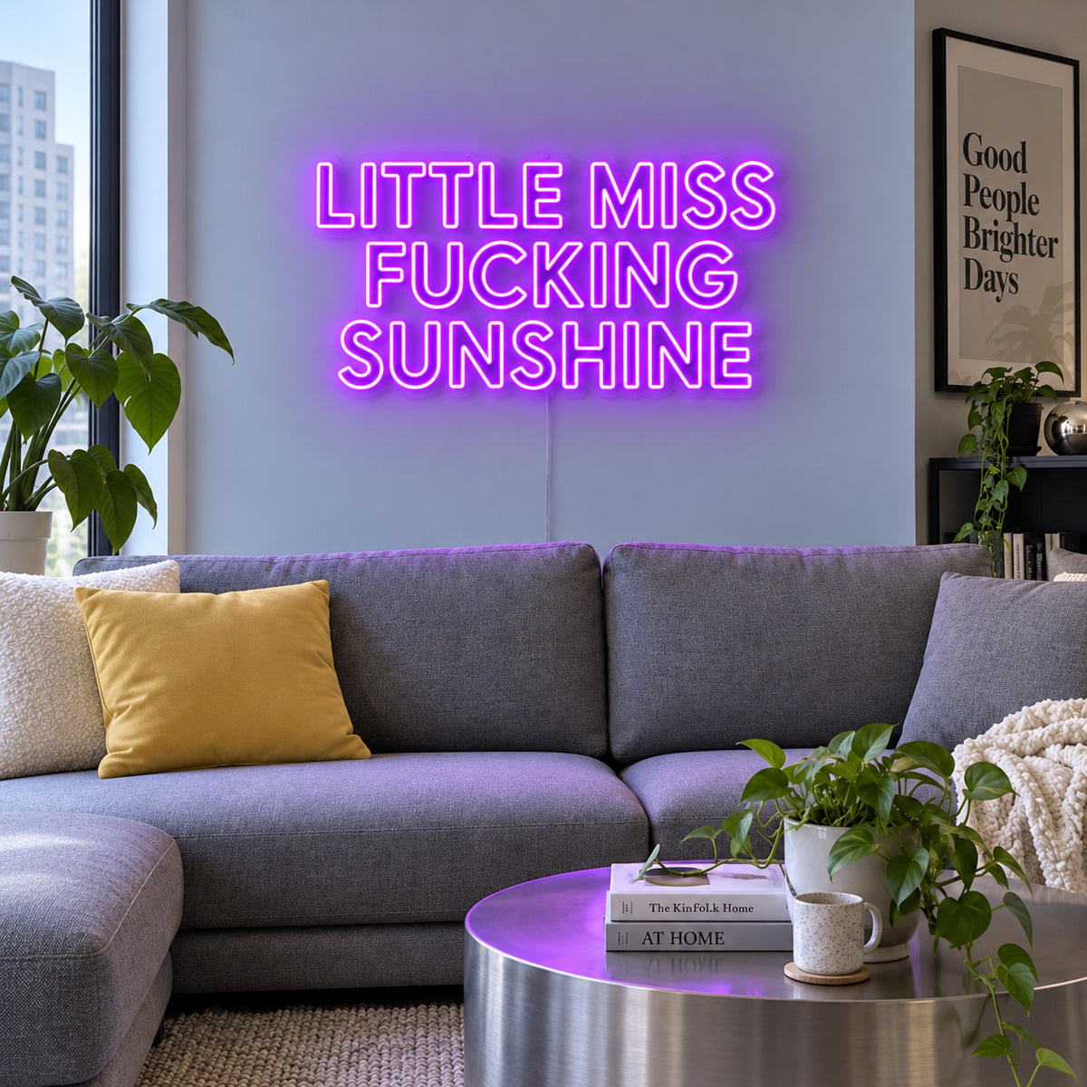 Little Miss Fucking Sunshine Neon Sign with purple lighting, displayed above a grey sofa with yellow cushions.
