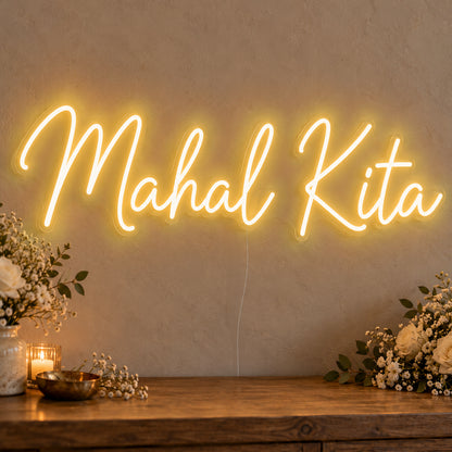 Mahal Kita Neon Sign in gold LED neon on clear acrylic, angled view