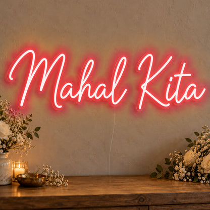 Mahal Kita Neon Sign in red LED neon on clear acrylic, angled view