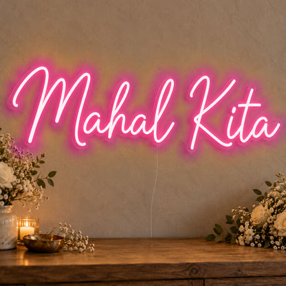 Mahal Kita Neon Sign in rose red LED neon on clear acrylic, angled view