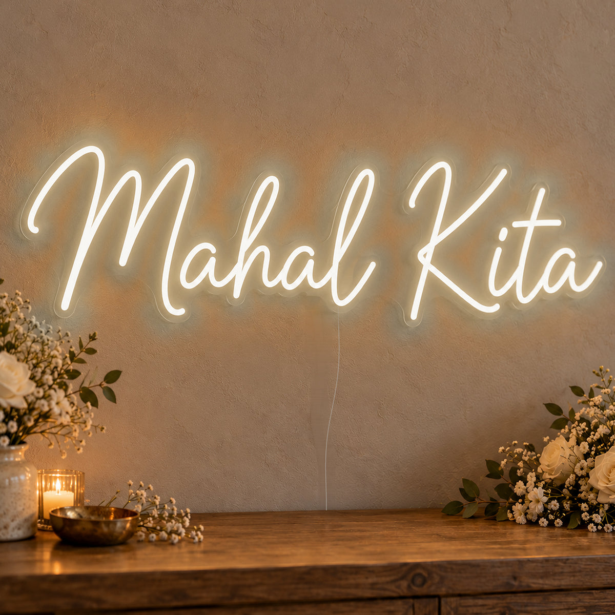 Mahal Kita Neon Sign in warm white LED neon on clear acrylic, angled view