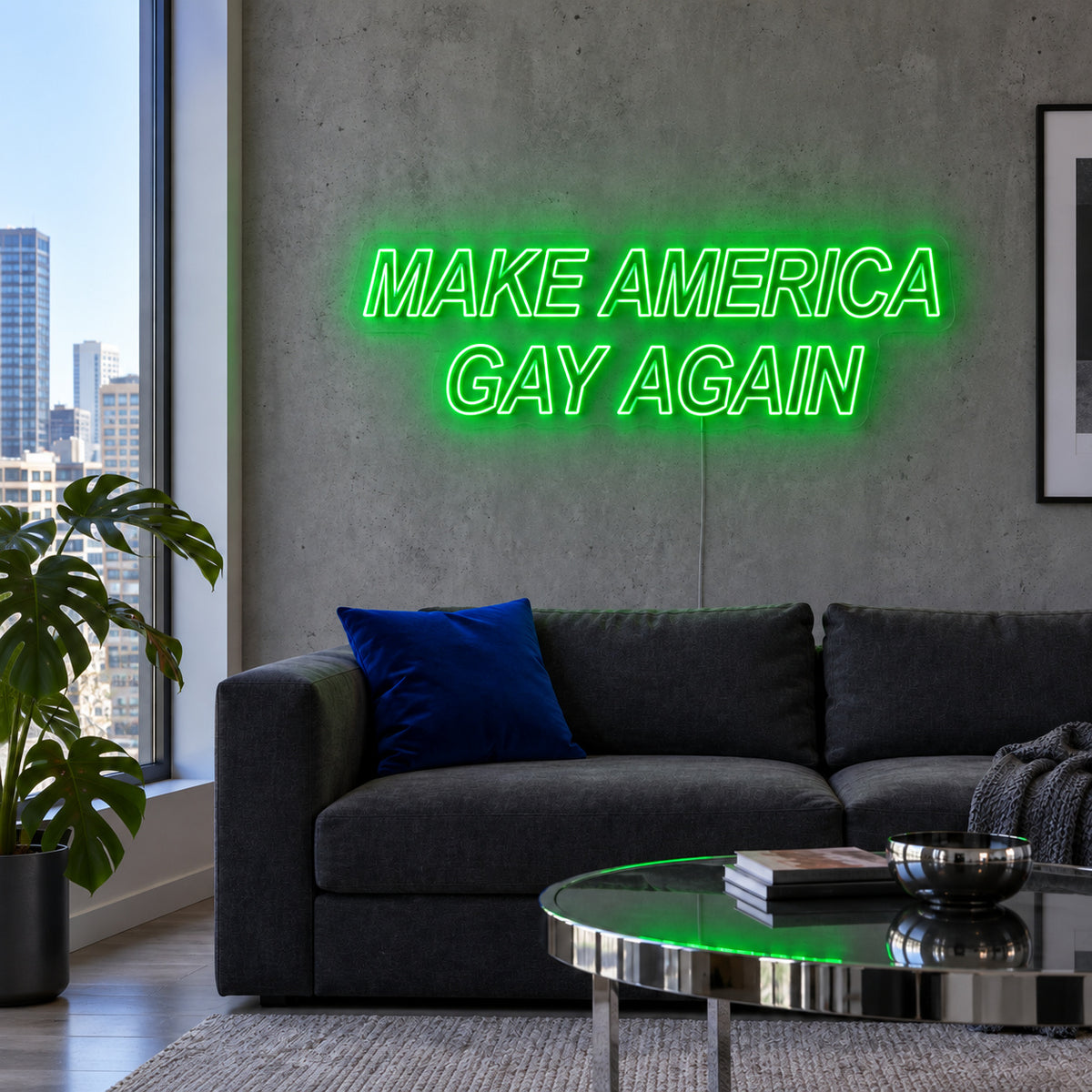 Make America Gay Again Neon Sign with green lighting, displayed above a charcoal sofa.