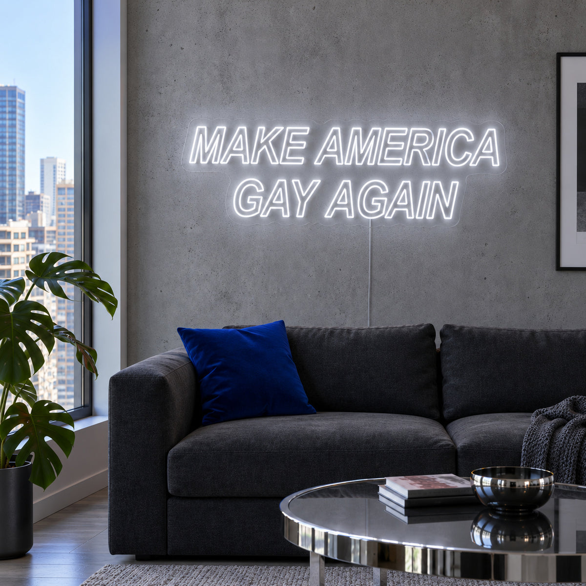 Make America Gay Again Neon Sign, RGB colour-changing option shown in white above a charcoal sofa.