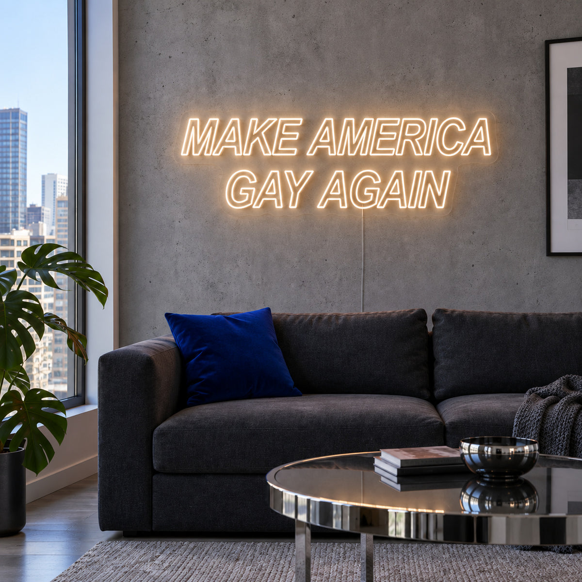 Warm White version of the Make America Gay Again Neon Sign, shown above a charcoal sofa.