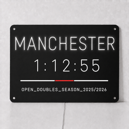 Manchester hybrid race finish time LED neon sign in white neon on a black acrylic panel, with a personalised finish time and division and season line