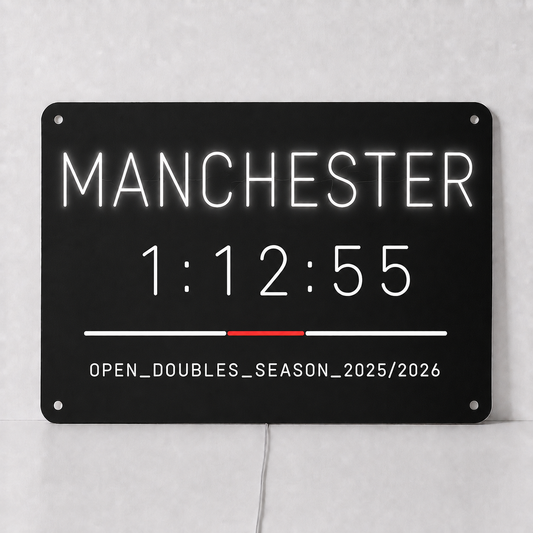 Manchester hybrid race finish time LED neon sign in white neon on a black acrylic panel, with a personalised finish time and division and season line