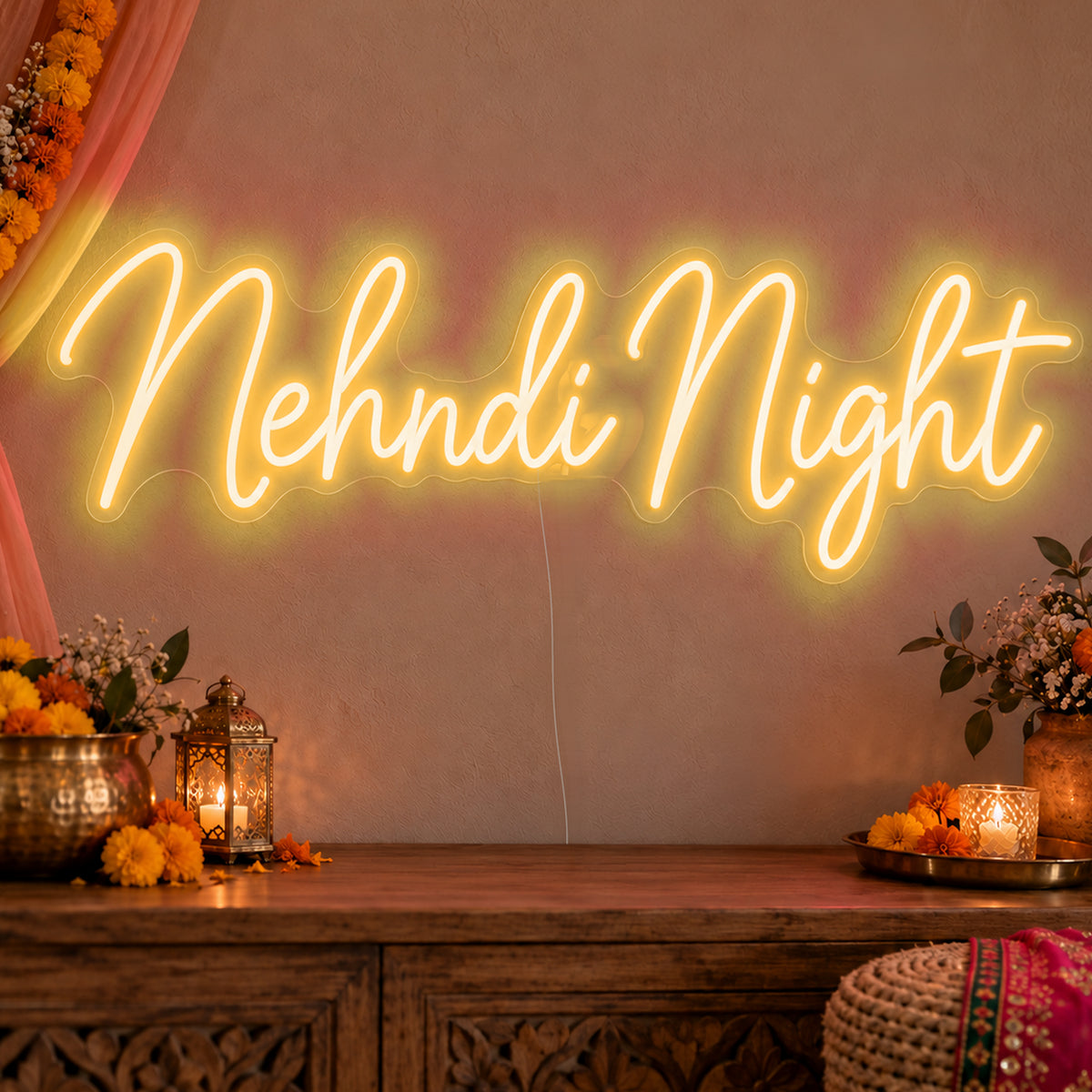 Mehndi Night Neon Sign in gold LED neon on clear acrylic, angled view
