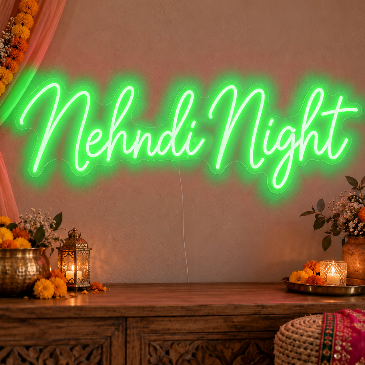 Mehndi Night Neon Sign in green LED neon on clear acrylic, angled view