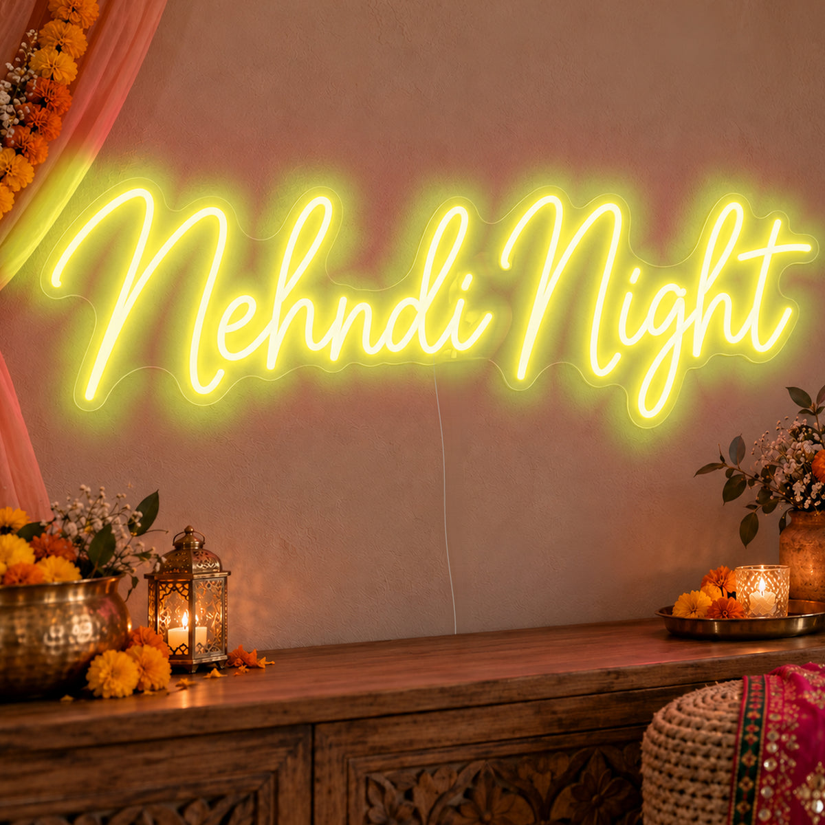 Mehndi Night Neon Sign in yellow LED neon on clear acrylic, angled view