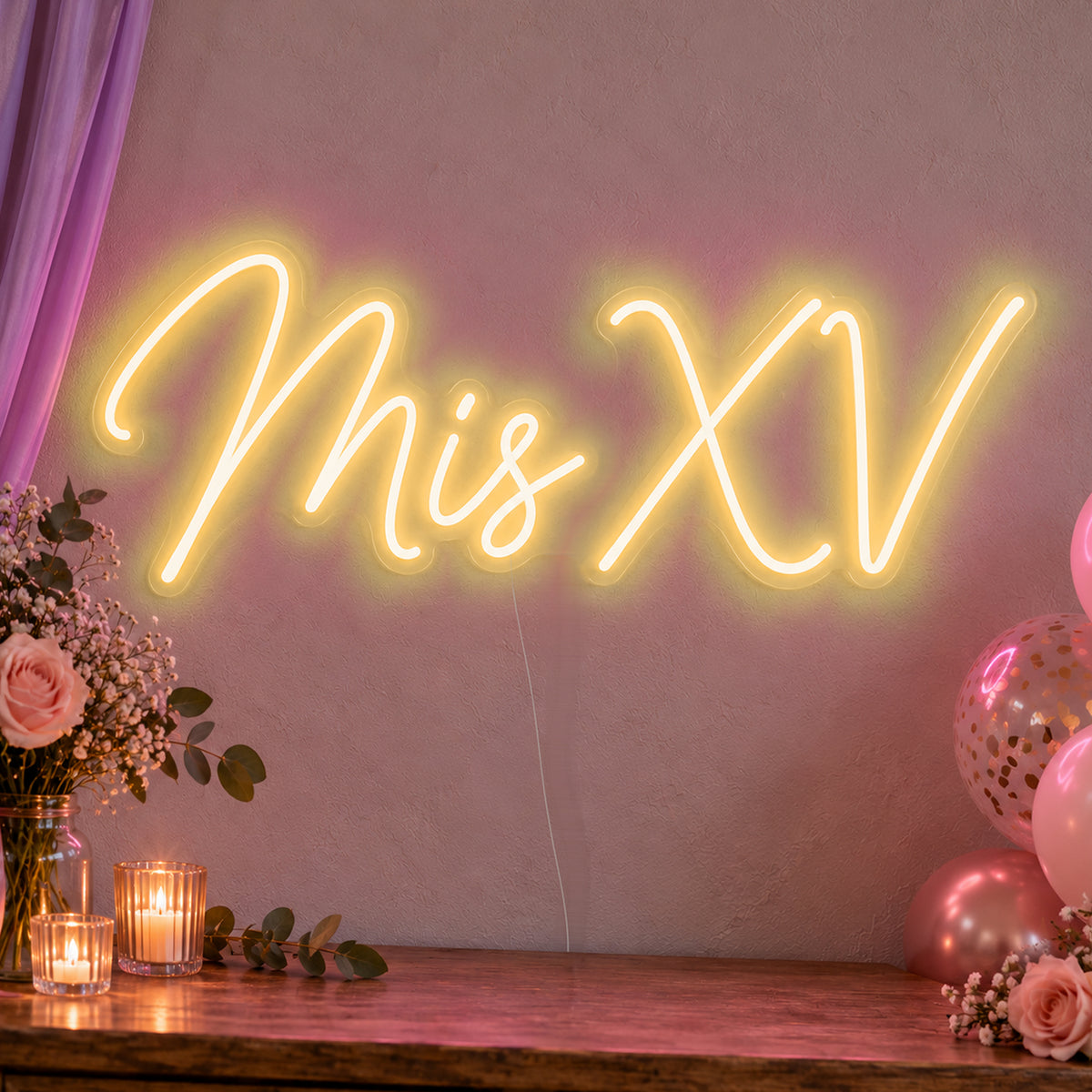 Mis Xv Neon Sign in gold LED neon on clear acrylic, angled view