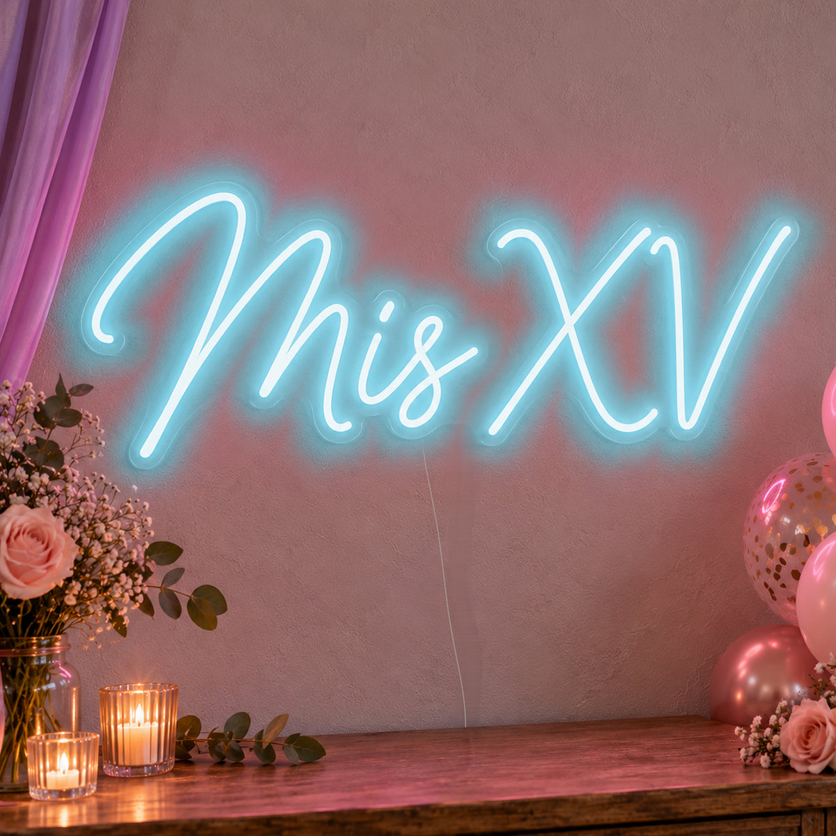 Mis Xv Neon Sign in ice blue LED neon on clear acrylic, angled view