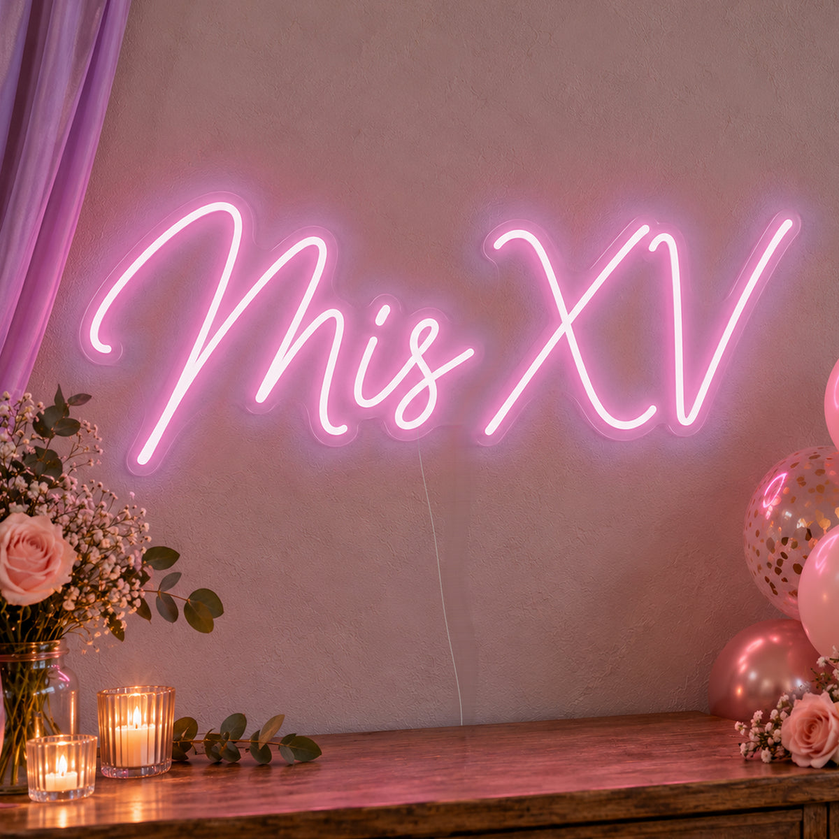 Mis Xv Neon Sign in pink LED neon on clear acrylic, angled view