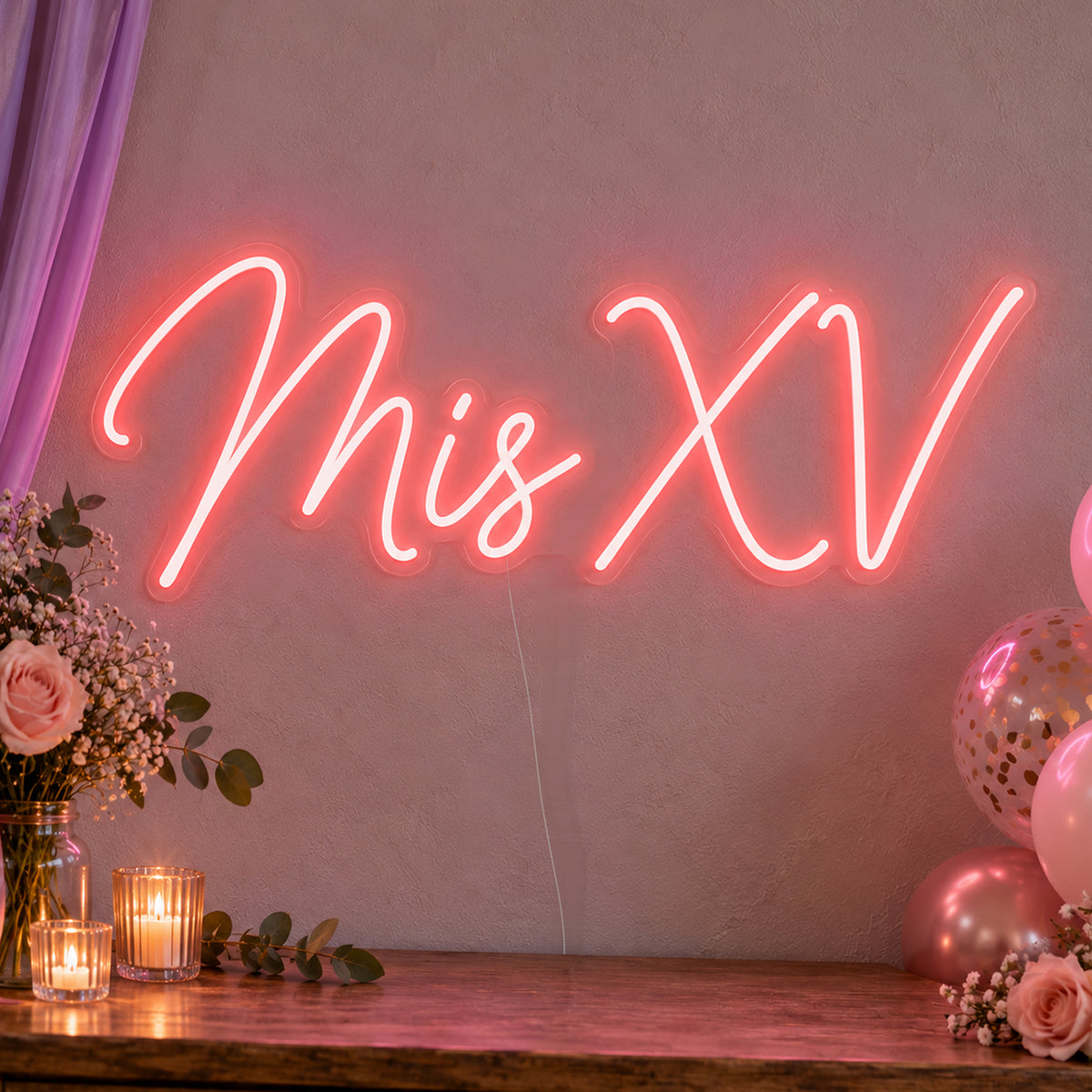 Mis Xv Neon Sign in red LED neon on clear acrylic, angled view