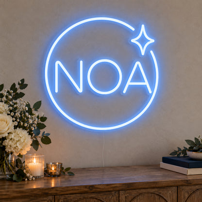 Personalised Mitzvah Party Logo Neon Sign on clear cut-to-shape acrylic in an illuminated wall display; example personalisation shown.