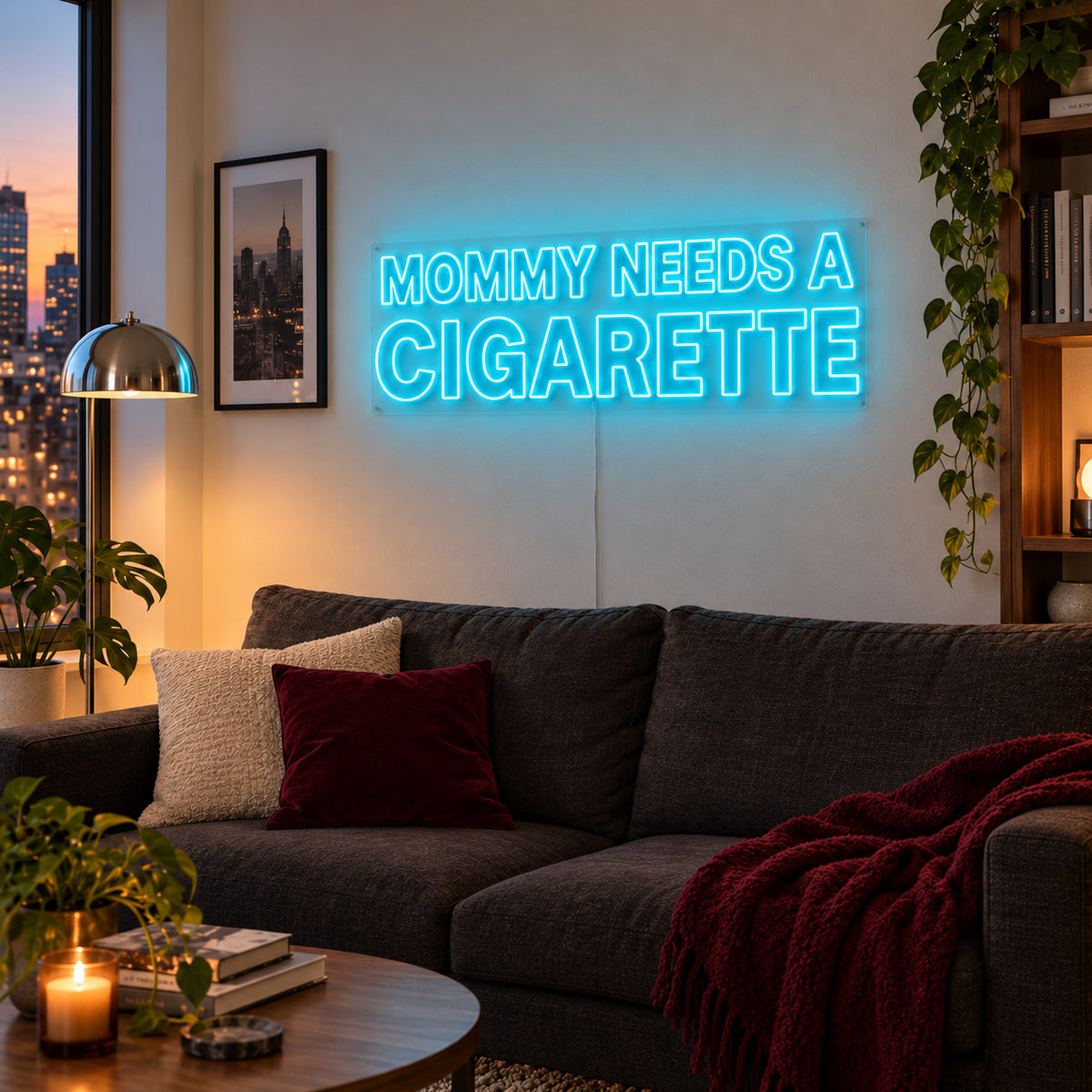 Ice Blue version of the Mommy Needs A Cigarette Neon Sign, shown above a brown sofa.