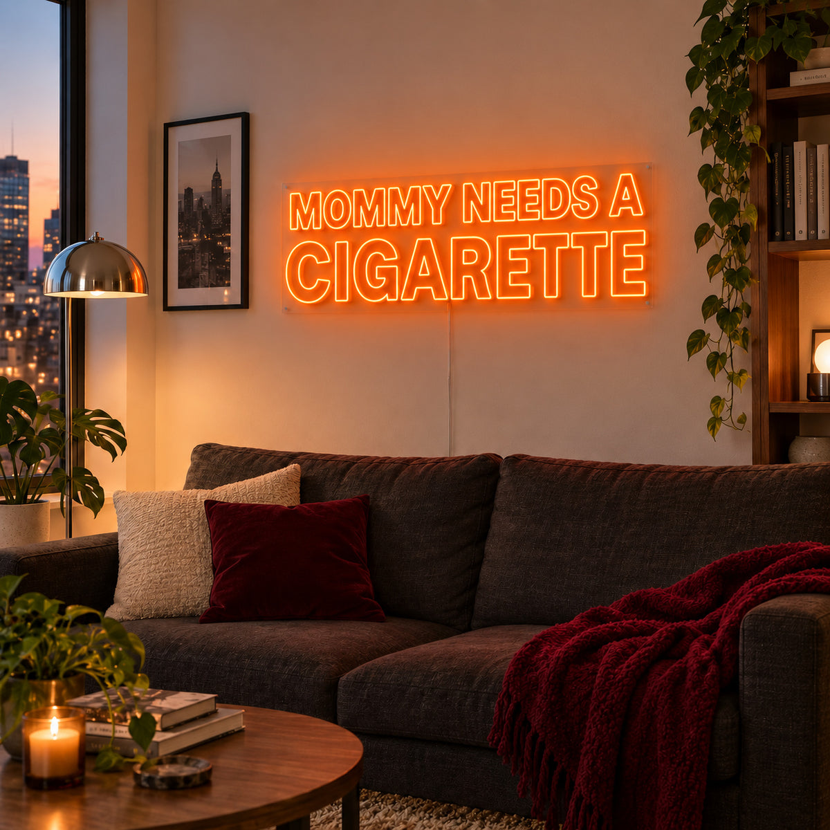 Orange version of the Mommy Needs A Cigarette Neon Sign, shown above a brown sofa.