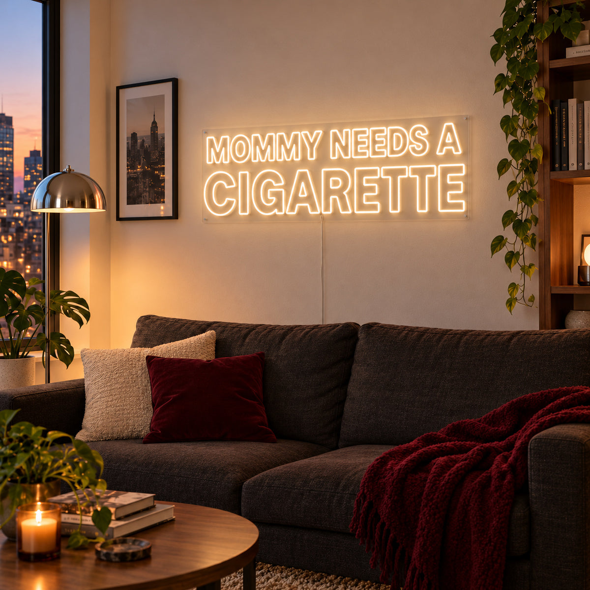 Warm White version of the Mommy Needs A Cigarette Neon Sign, shown above a brown sofa.