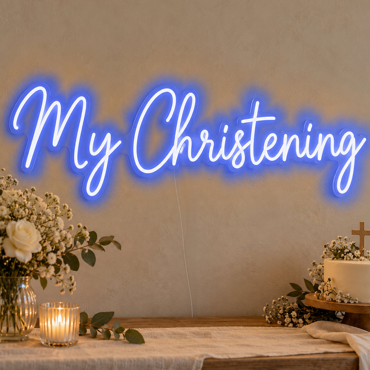 My Christening Neon Sign in blue LED neon on clear acrylic, angled view