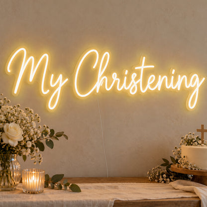 My Christening Neon Sign in gold LED neon on clear acrylic, angled view
